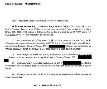 Resposta da Gol à PGR sobre passagem aérea de Anderson Torres; trecho foi incluído nas alegações finais da ação da trama golpista Resposta da Gol à PGR sobre passagem aérea de Anderson Torres; trecho foi incluído nas alegações finais da ação da trama golpista