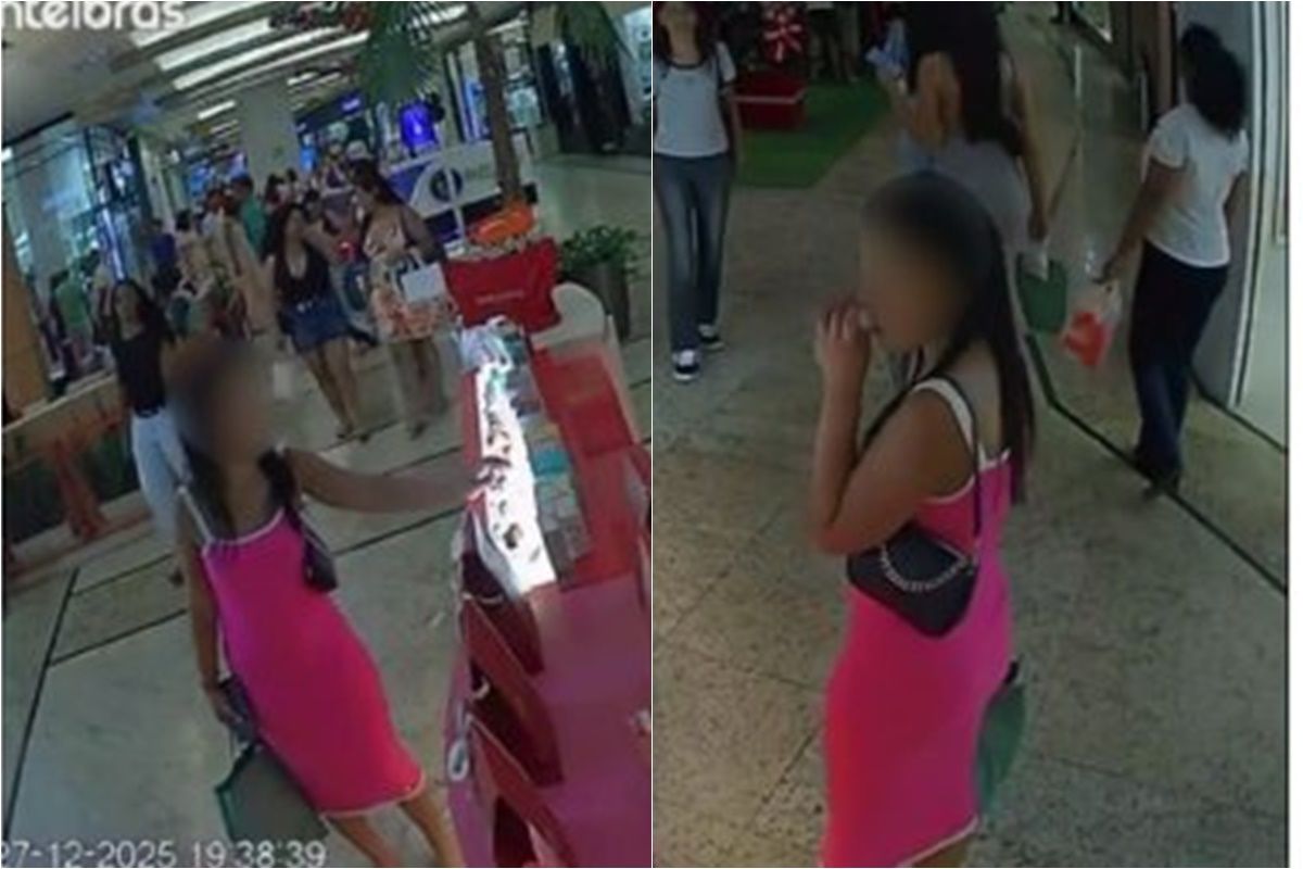 Câmera flagra mulher furtando perfume em quiosque de shopping