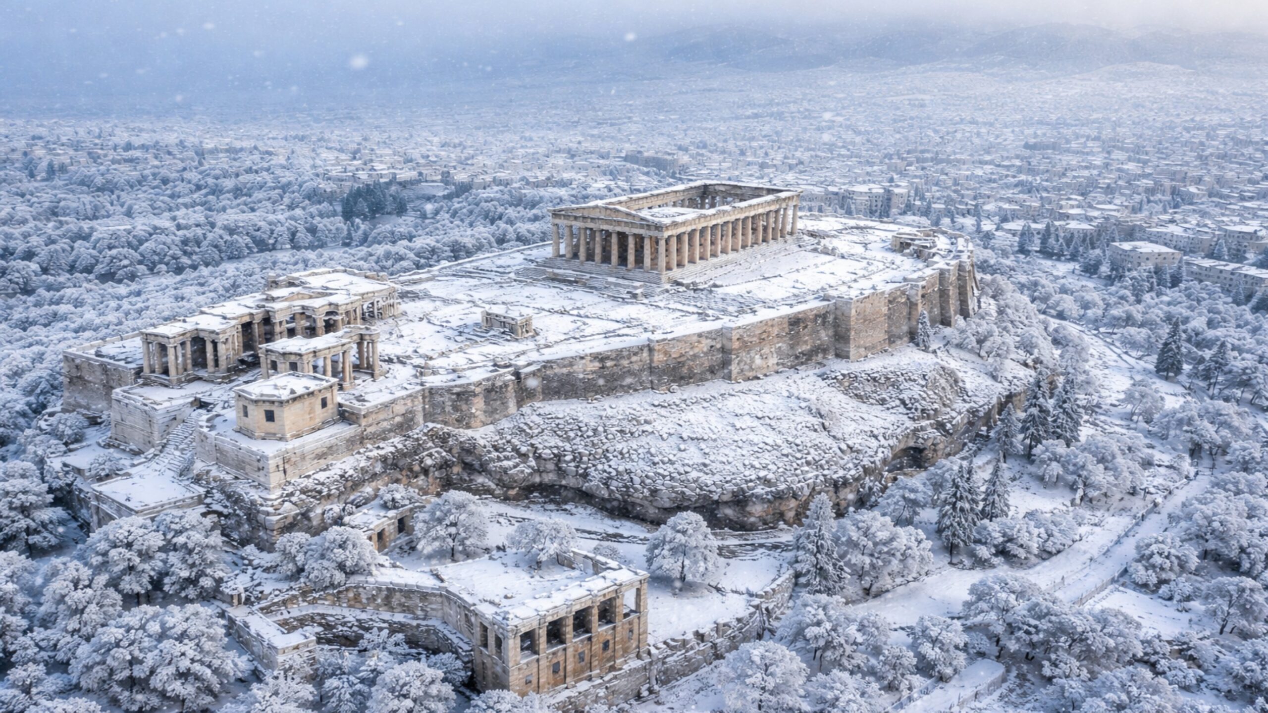 Nevasca histórica deixa Acrópole de Atenas, a casa do filósofos gregos, completamente coberta por neve