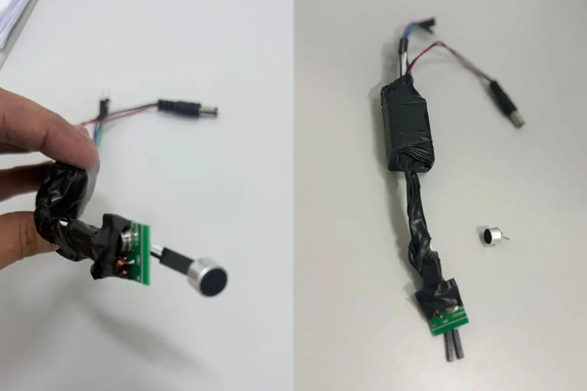 Objeto com microfone foi instalado com fita isolante em sala de vereador na Câmara de Várzea Grande. - Foto: Reprodução