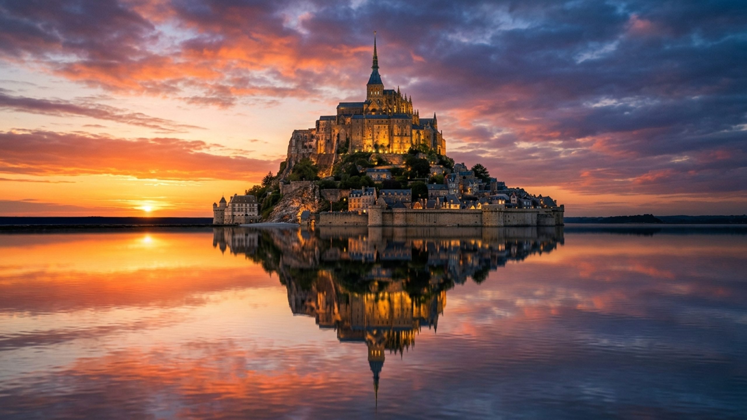 Projetada por William de Volpiano em 1017 com uma abadia românica erguida em uma ilha rochosa, a obra medieval desafia uma das marés mais impressionantes da Europa