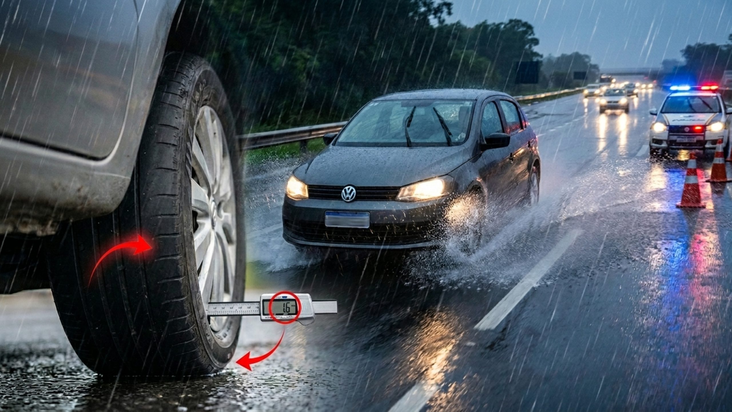 Rodando com pneus abaixo de 1,6 milímetros o motorista ignora o Art. 230 do CTB e desliza na água a 80 km/h