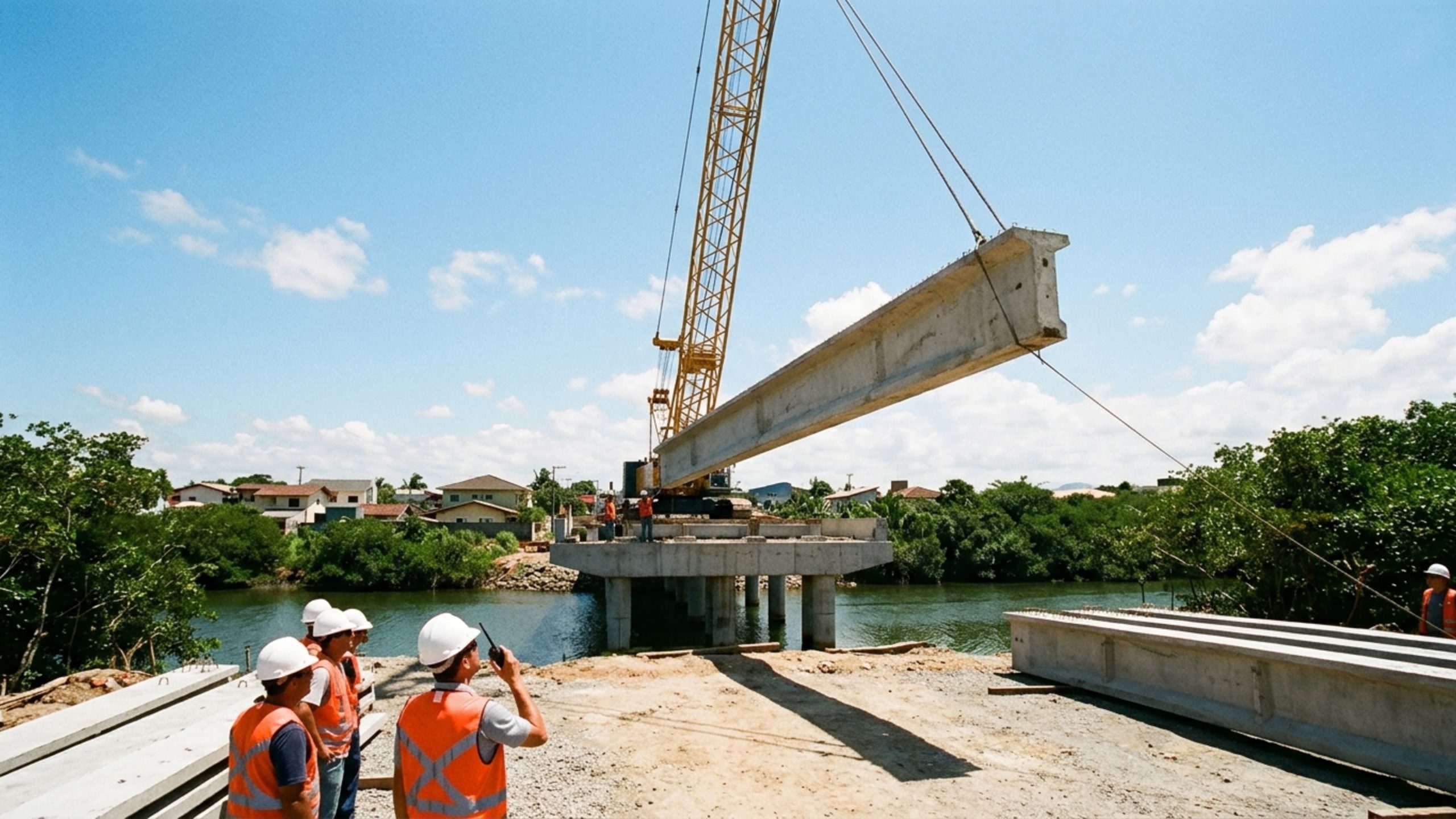 Vigas gigantes de quase 16 toneladas e 20 metros de comprimento vão ser içadas por guindaste em cidade catarinense, a megaobra de 27 milhões de reais vai beneficiar diretamente mais de 114 mil pessoas
