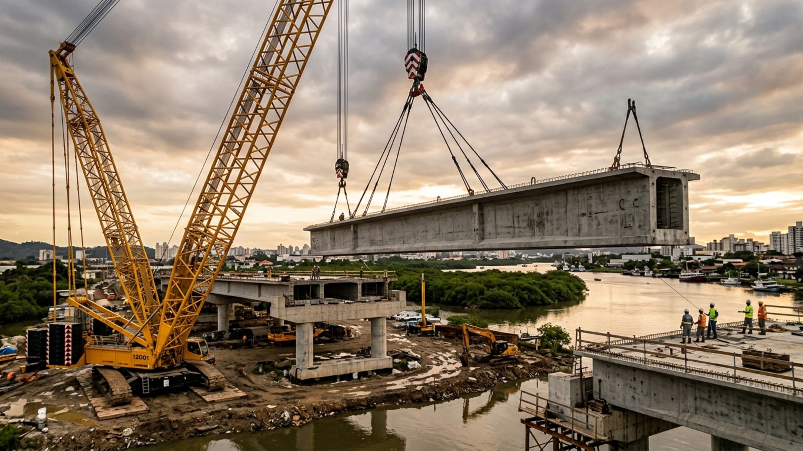 Vigas de 16 toneladas e 20 metros serão içadas por guindaste gigante em megaobra de 27 milhões que vai beneficiar diretamente mais de 114 mil moradores