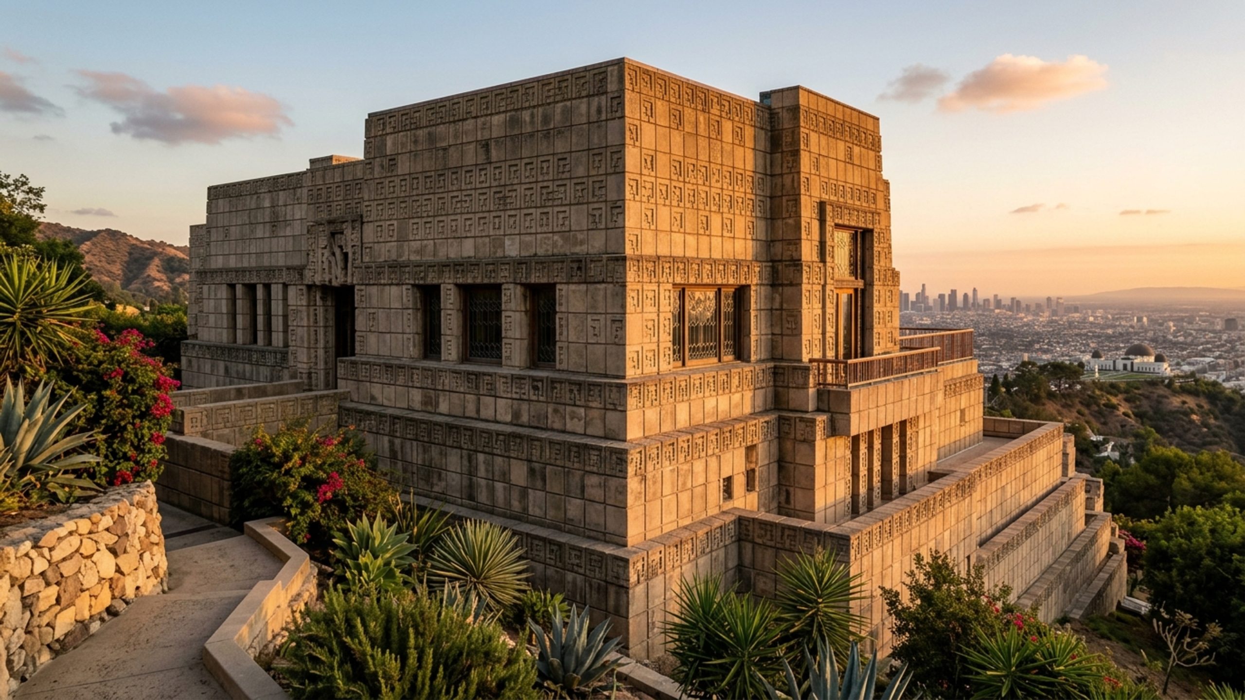 Desenhada por Frank Lloyd Wright em 1924 usando 27 mil blocos de concreto texturizados, a mansão em Los Angeles resgata a monumental arte maia