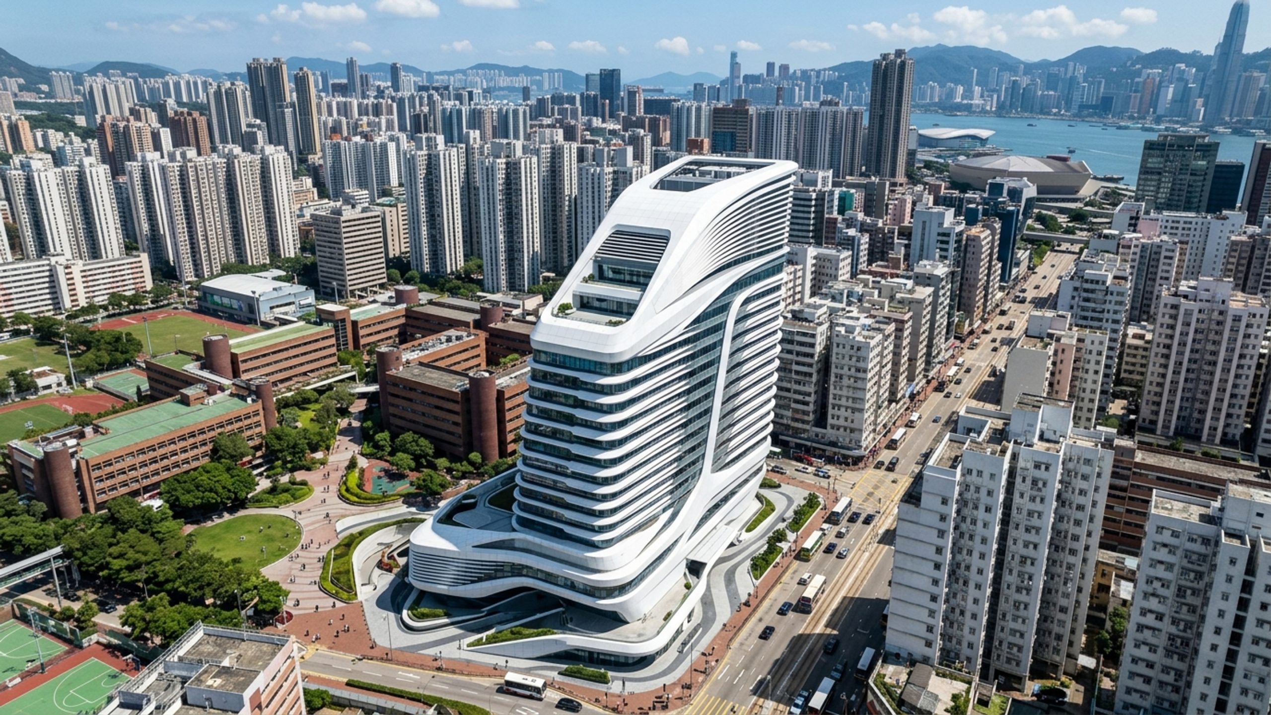 Projetada por Zaha Hadid em 2014 com 15 andares e 78 metros de altura, a torre de design fluido desafia as linhas retas no panorama universitário