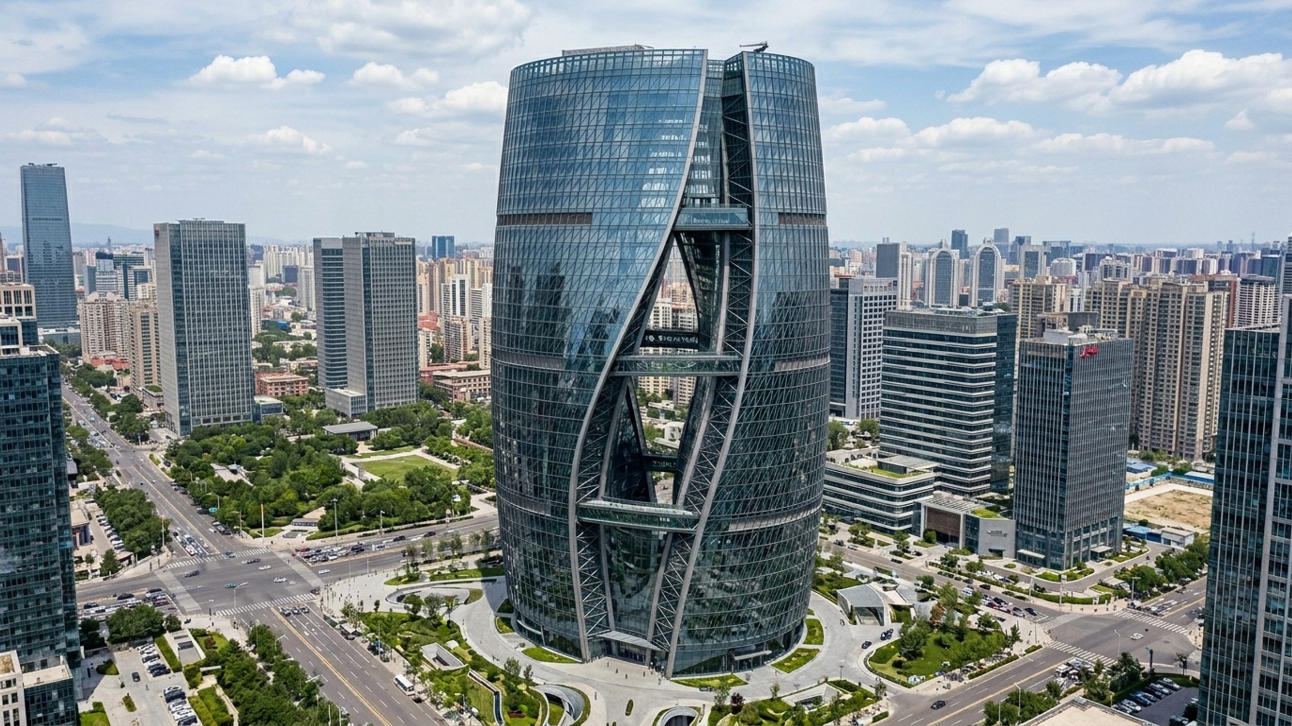 Com o maior átrio do mundo de 194 metros de altura projetado por Zaha Hadid em 2019, a estrutura em Pequim une duas metades de torre de forma única