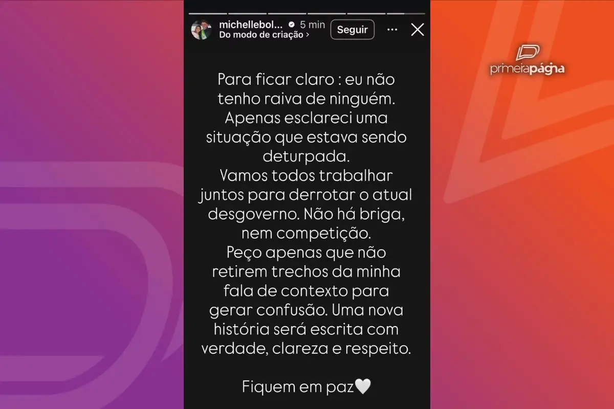 Michelle Bolsonaro negou briga com Flávio Bolsonaro em uma publicação nas redes sociais. - Foto: Reprodução/Instagram