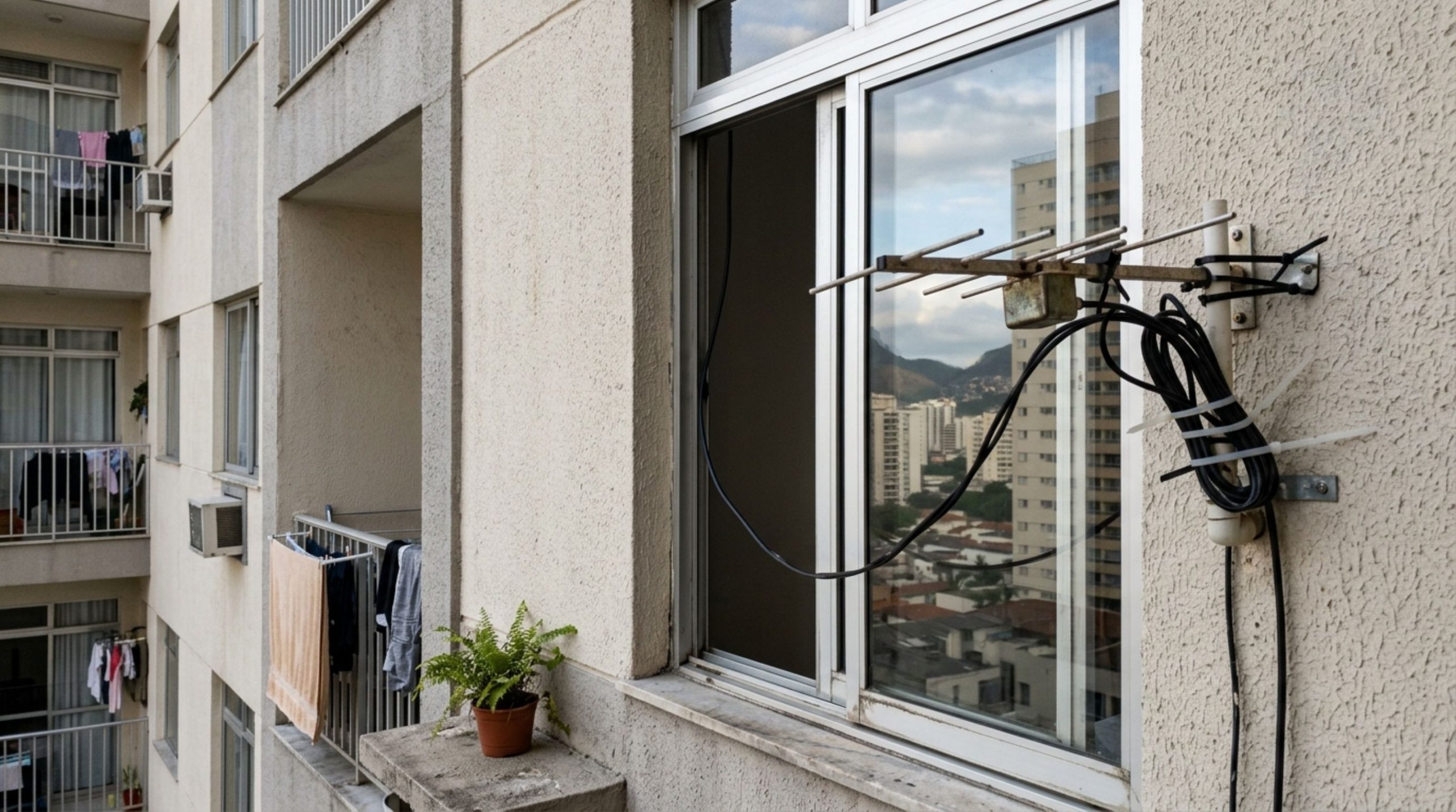 Morador instala antena externa improvisada na janela e é multado pelo condomínio