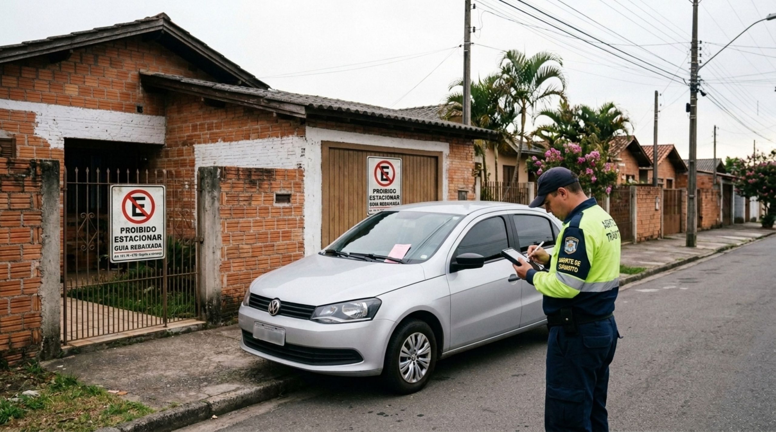 Homem estaciona o carro diante da própria garagem, é multado em R$ 130,16 e tem o veículo removido por agentes