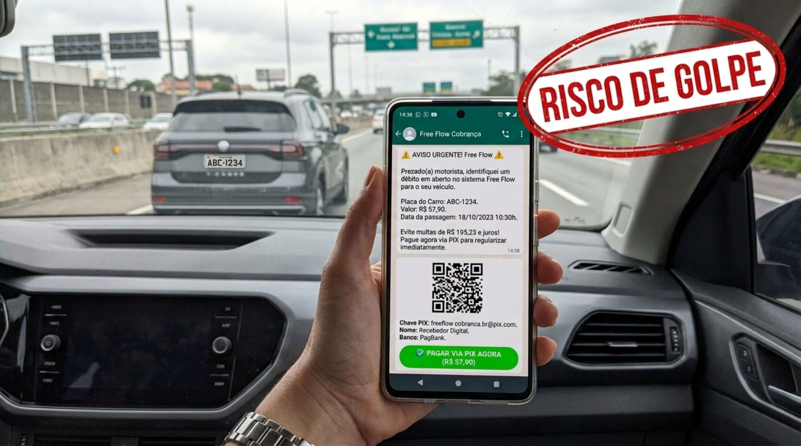 Golpe do Free Flow usa placa correta do veículo para enganar motoristas e mensagem chega direto no WhatsApp