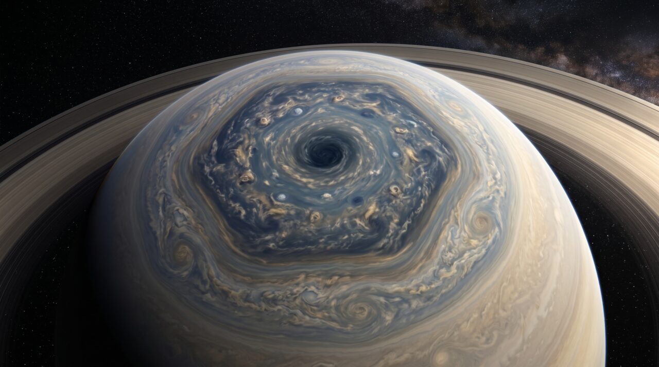 Saturno possui um sistema de tempestades de seis lados mais largo que a Terra, e os cientistas ainda não conseguem explicar totalmente por que sua forma perfeita se recusa a desaparecer
