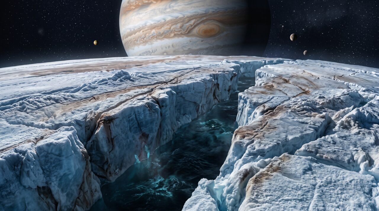 Europa, uma das luas de Júpiter, está encapsulada sob uma camada de gelo, mas o oceano oculto abaixo pode conter o dobro de água líquida de todos os oceanos da Terra somados e a gravidade de Júpiter pode tê-lo mantido em estado líquido por bilhões de anos