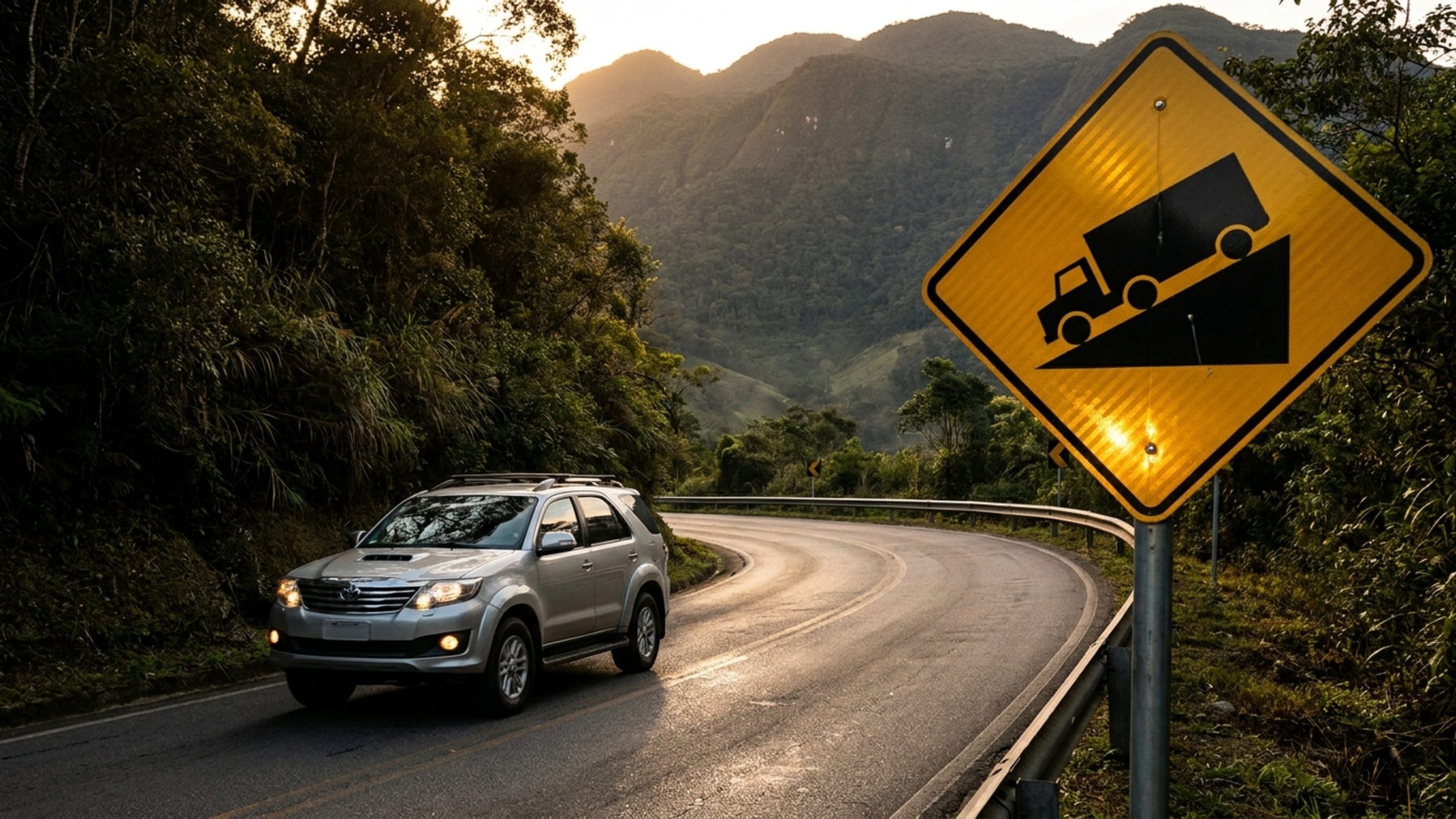 O que significa a placa de trânsito com um caminhão em ladeira que aparece em trechos de serra?