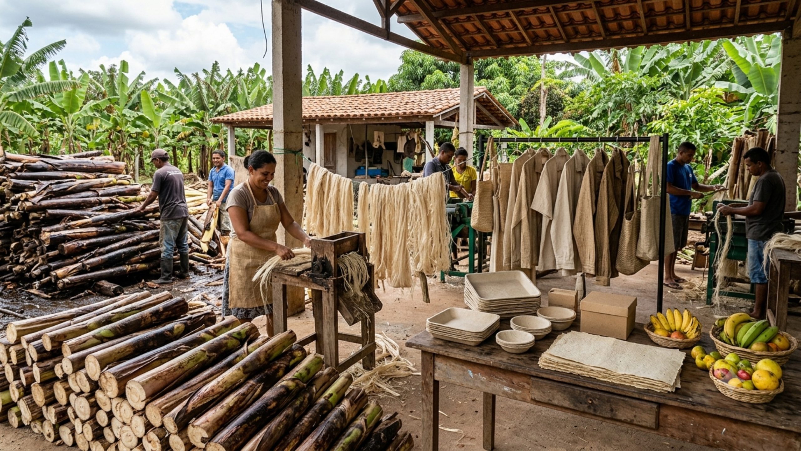 País desafia as leis agrárias e transforma toneladas de troncos de bananeiras em roupas, bandejas de papel e frutas