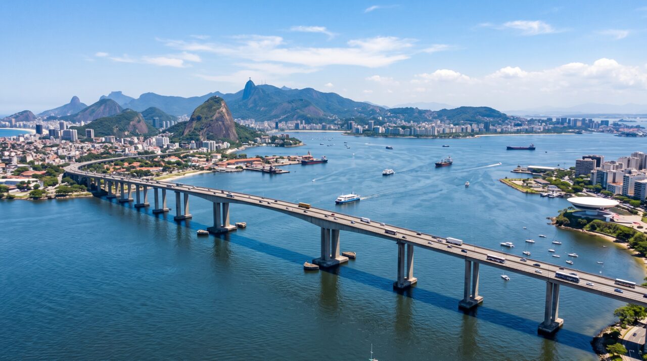 Erguida sobre as águas de uma baía gigantesca, a maior estrutura do Hemisfério Sul esconde segredos de engenharia para suportar o impacto de navios e 150 mil veículos por dia