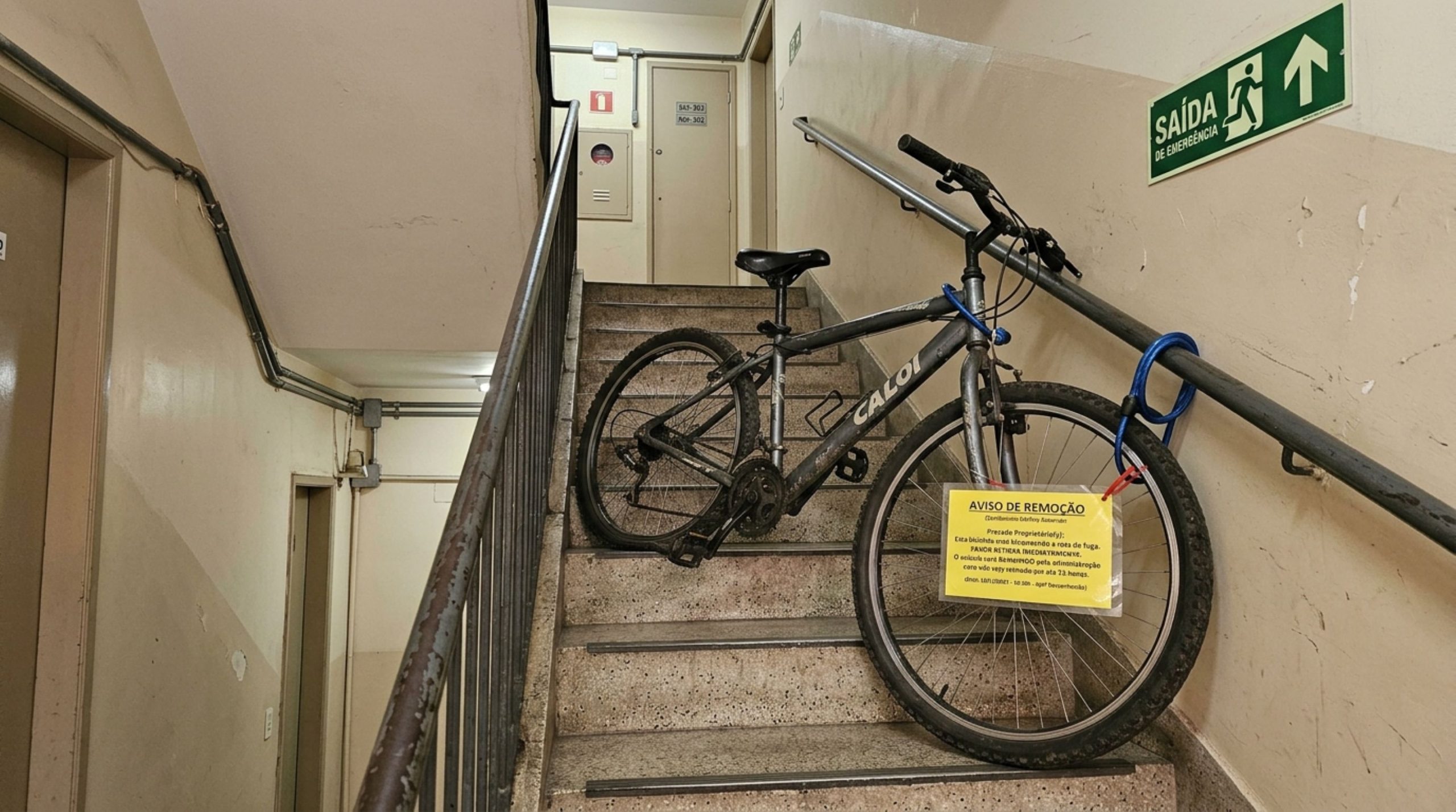 Morador deixa bicicleta e patinete presos ao corrimão da escadaria do andar, vizinhos reclamam da passagem bloqueada e síndico ordena recolhimento dos itens com base no regimento interno