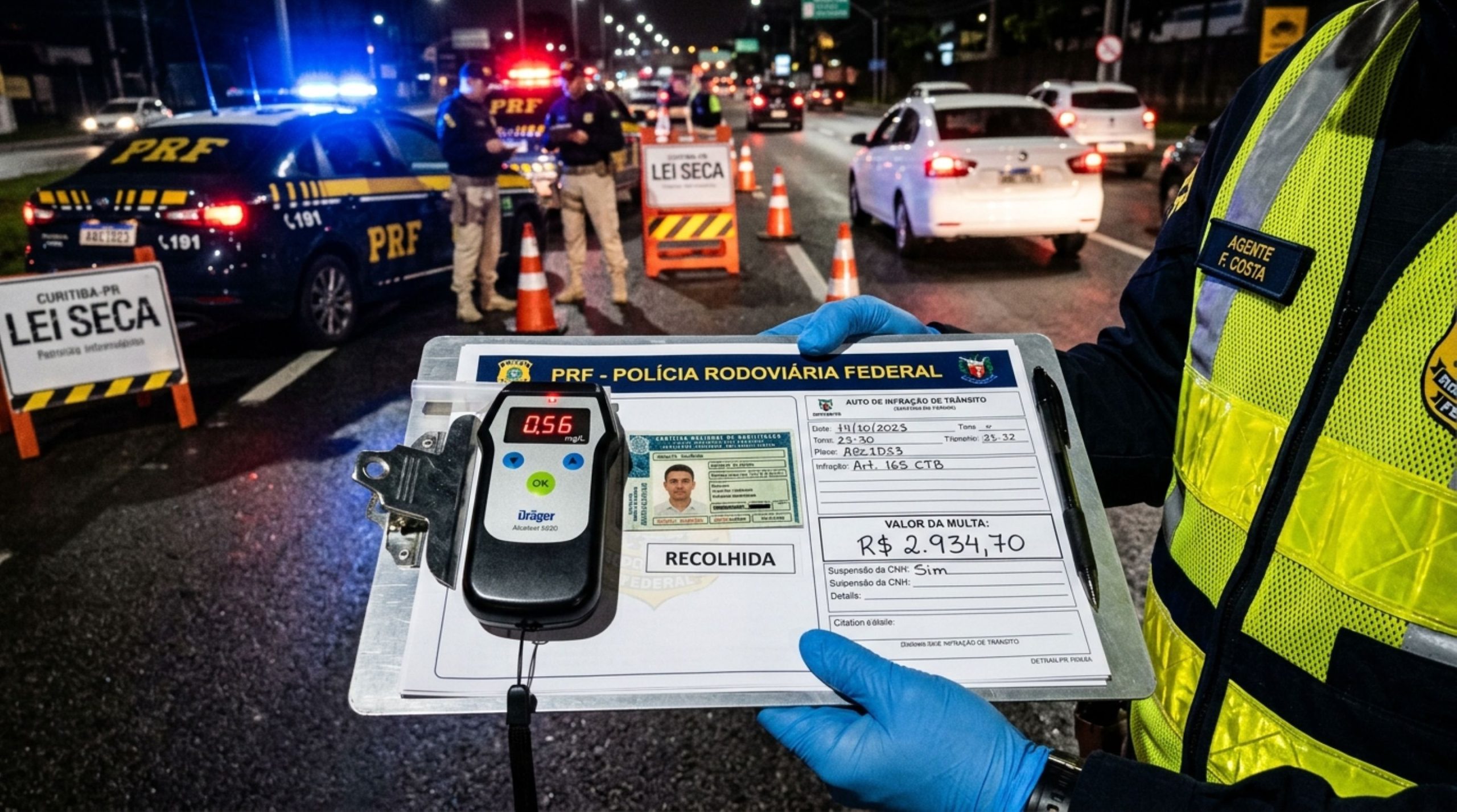 Motorista volta de confraternização, se recusa a fazer o bafômetro durante blitz e recebe multa multiplicada, além de suspensão da CNH por 12 meses