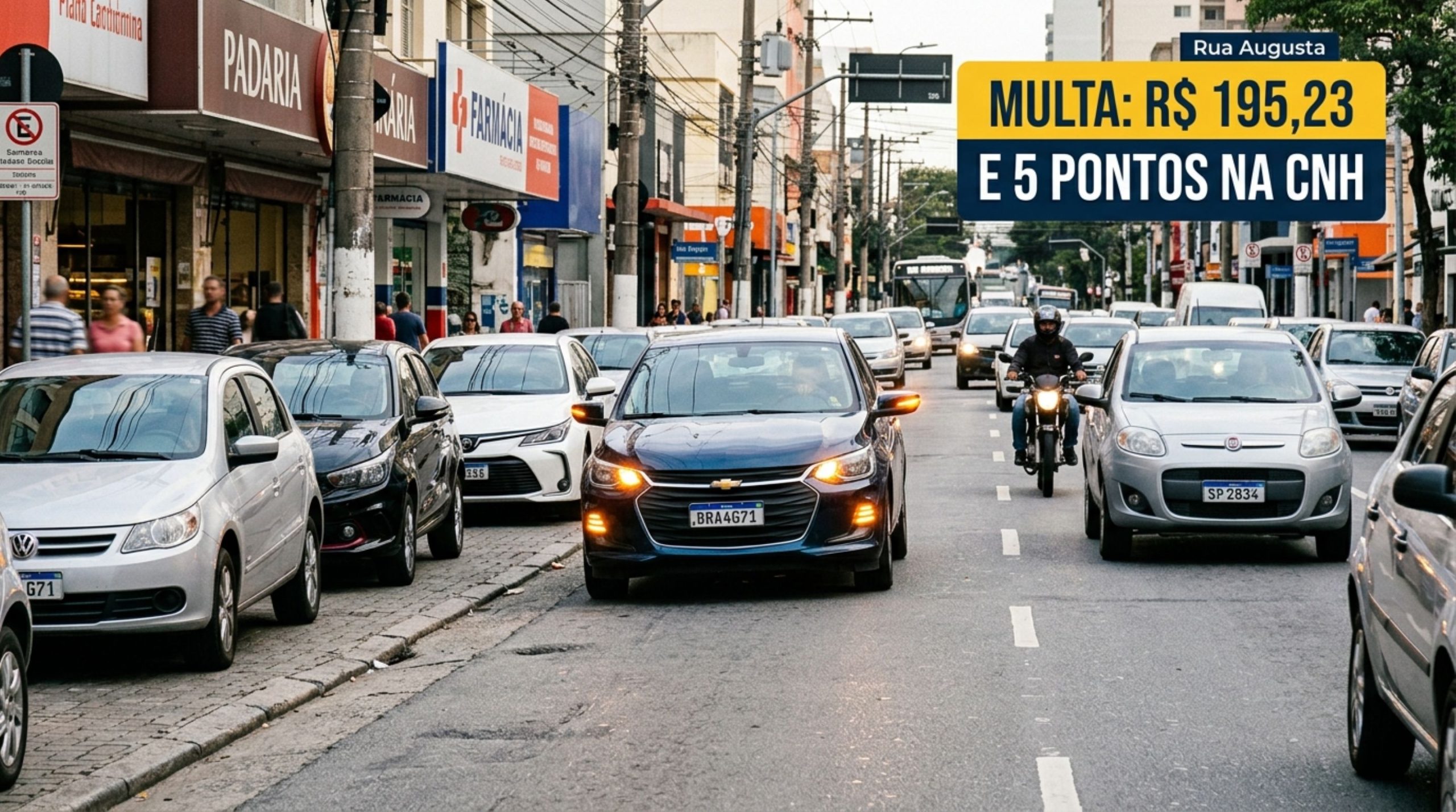 Condutor liga o pisca-alerta para esperar alguém em fila dupla, mas é autuado por policial e questiona o motivo