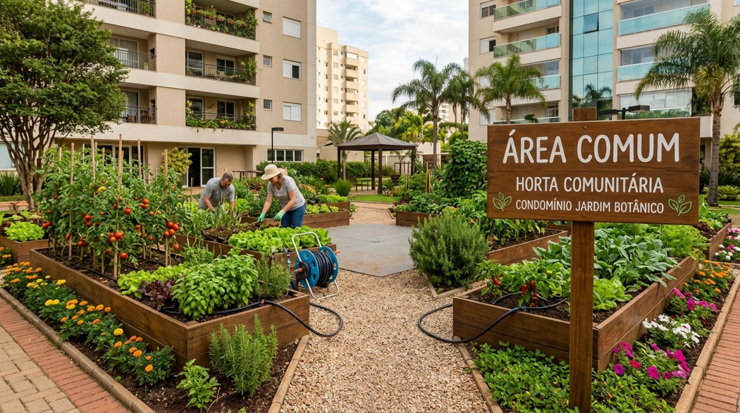 Morador transforma jardim comum em horta particular com canteiros e irrigação, vizinhos reclamam da ocupação e síndico exige retirada até aprovação coletiva