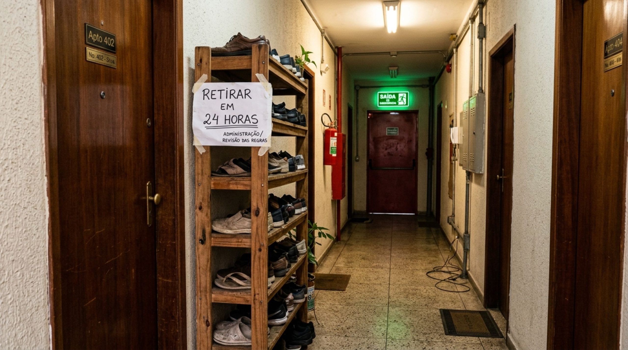 Morador utiliza o corredor como sapateira por 5 anos, com direito a armário sob medida, síndico manda retirar em 24 horas e condômino descobre que o corredor integra a rota de evacuação
