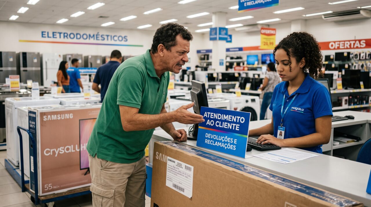 Cliente compra TV de 65 polegadas em loja física, descobre que o aparelho não cabe na estante e loja se recusa a devolver o dinheiro alegando que a lei do arrependimento não se aplica ali