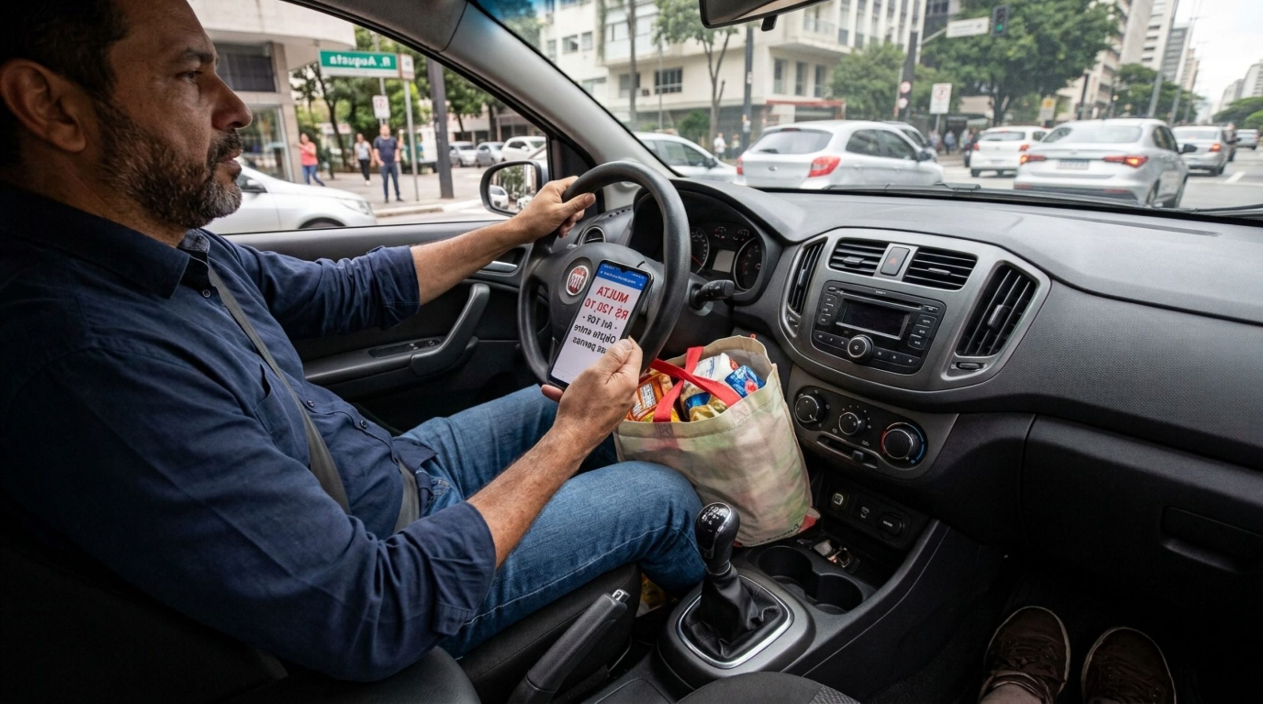 Motorista prende saco de compras entre as pernas para evitar que vire, recebe multa e diz que o volume não tocava os pedais