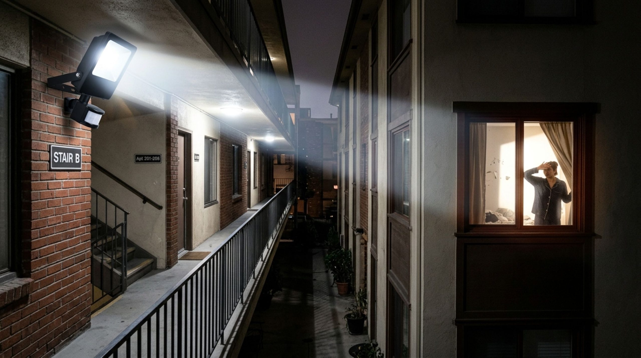 Morador coloca refletor com sensor de presença no corredor para aumentar a segurança, vizinha reclama que a luz invade o apartamento e síndico exige ajuste no alcance