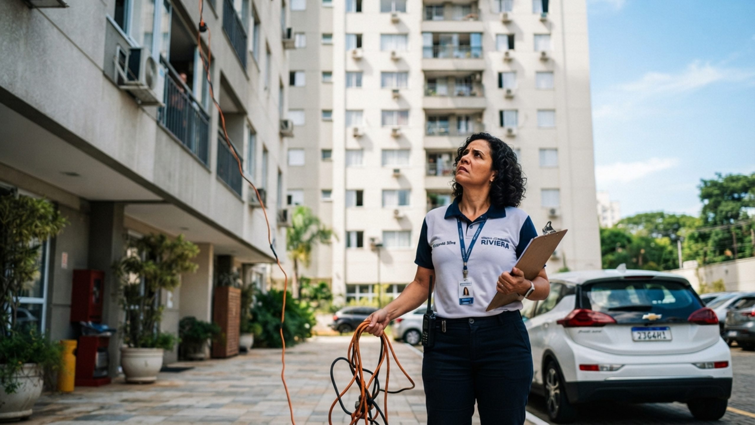 Dono de carro elétrico puxa extensão improvisada da janela do apartamento até a garagem para carregar o veículo, síndico corta a energia do morador e exige instalação de wallbox padronizado