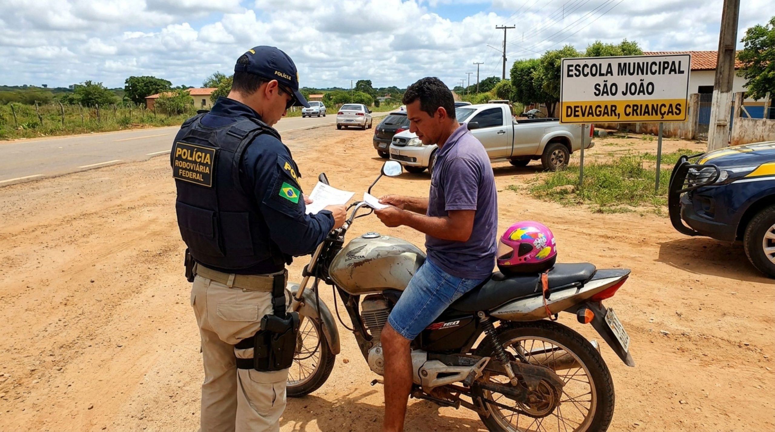 Pai leva filho de 9 anos na garupa da moto até a escola, é parado em fiscalização e tem a CNH suspensa, além de multa e retenção do veículo