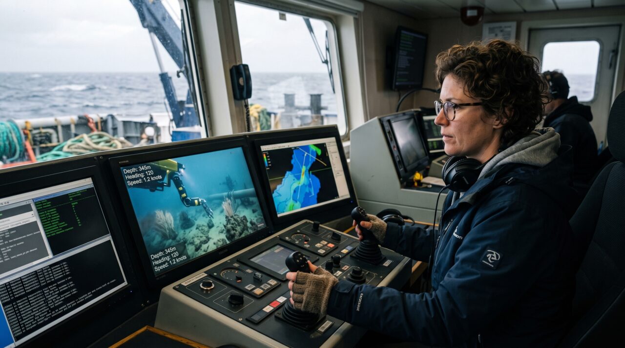 A imersiva profissão que paga US$ 800 por dia para você pilotar robôs submarinos a partir de um navio e explorar minerais raros na escuridão das trincheiras oceânicas