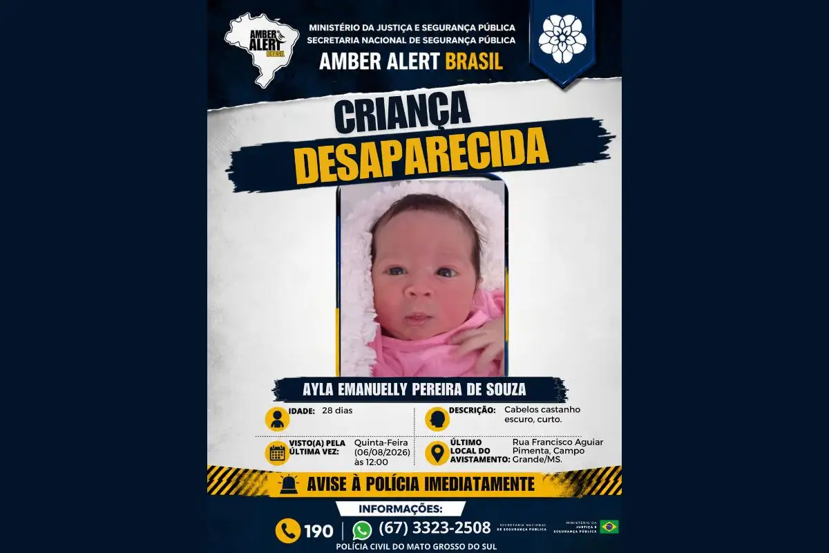 Alerta Amber foi acionado em Mato Grosso do Sul após sequestro da bebê Ayla (Foto: Ministério da Justiça e Segurança Pública)