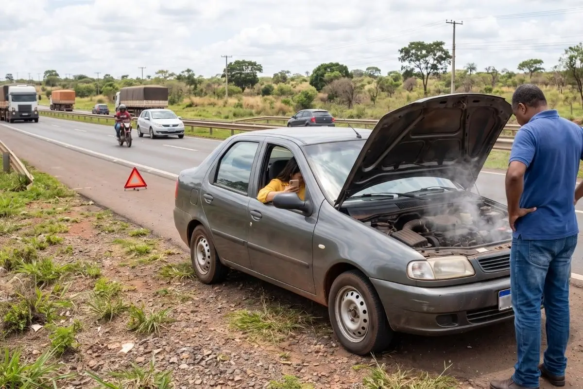 Motorista durante pane mecânica, com carro no acostamento