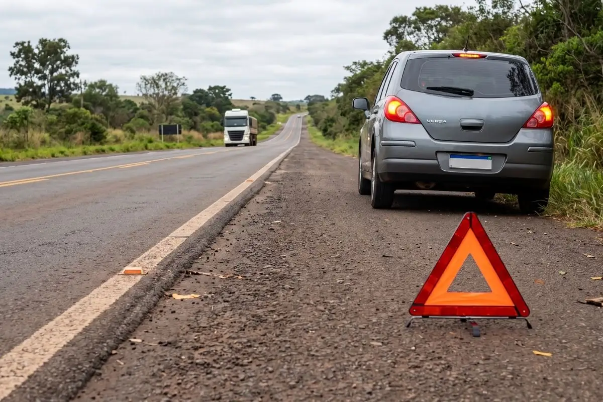 Motorista durante pane mecânica, com carro no acostamento