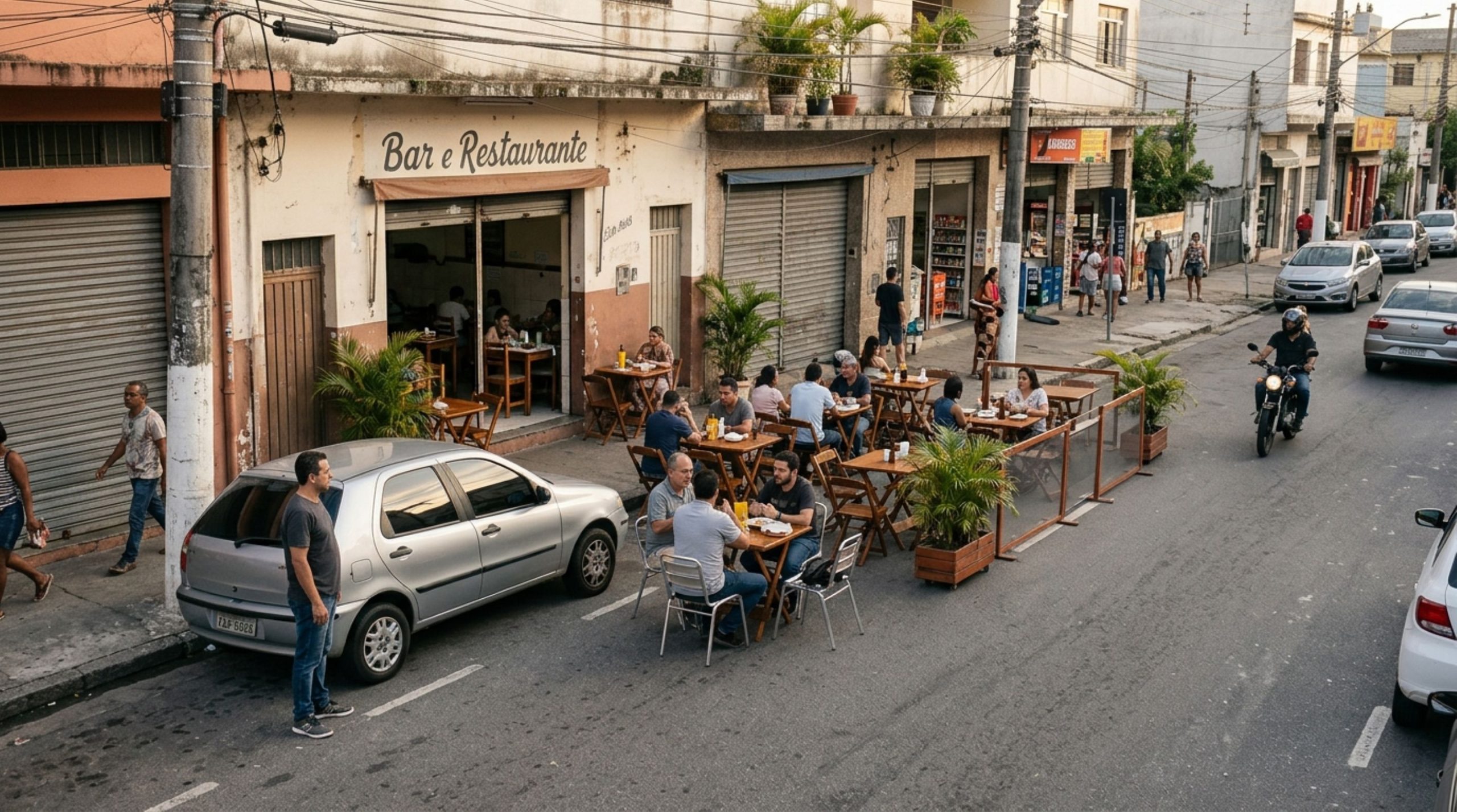 Restaurante ocupa vagas na rua para colocar cadeiras e mesas do estabelecimento, motorista, não encontrando onde estacionar, questiona o proprietário se está correto e resolve chamar agentes para verificar a situação no local