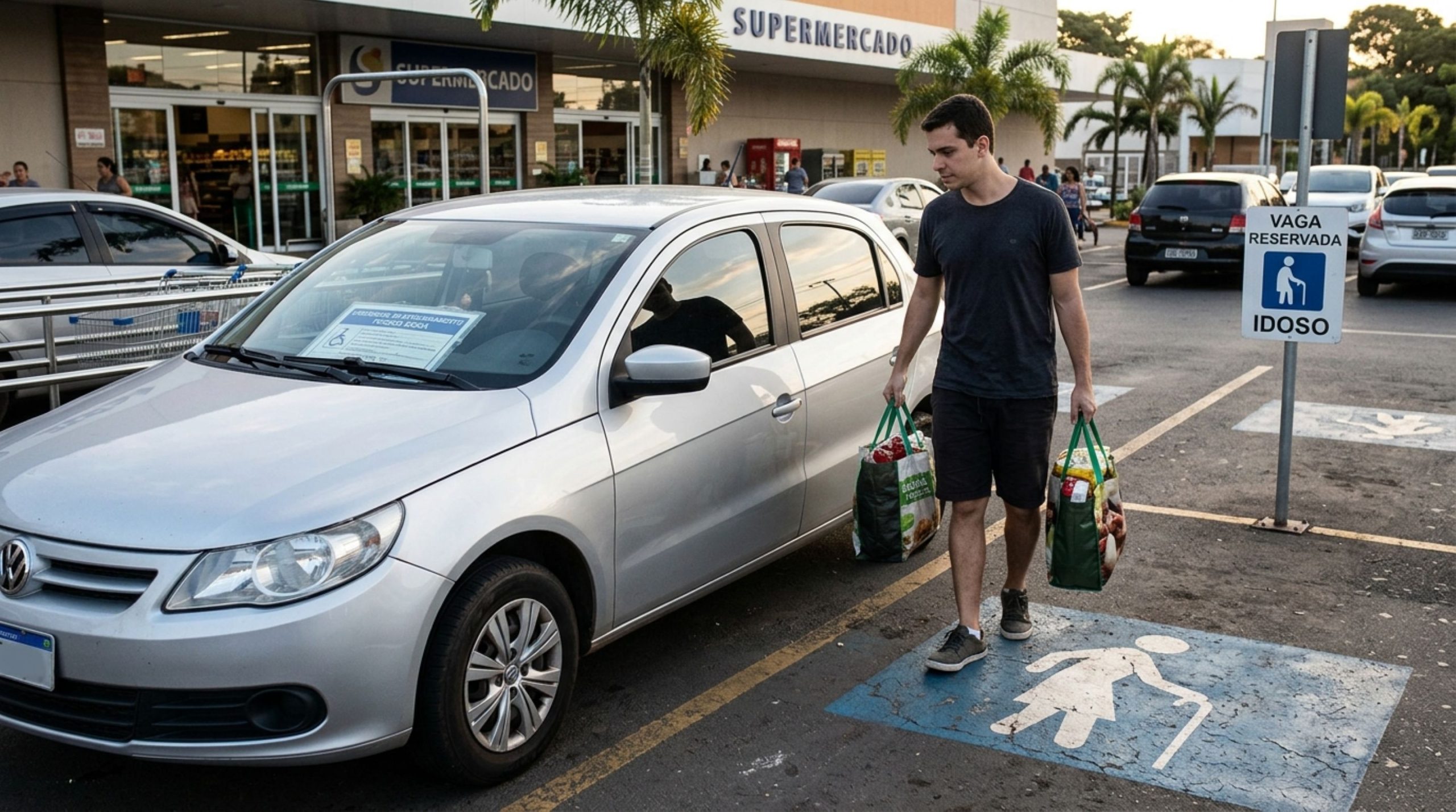 Neto pega o carro da avó para fazer compras, estaciona em uma vaga para idosos e descobre que a credencial dela não pode ser utilizada quando a beneficiária não está presente