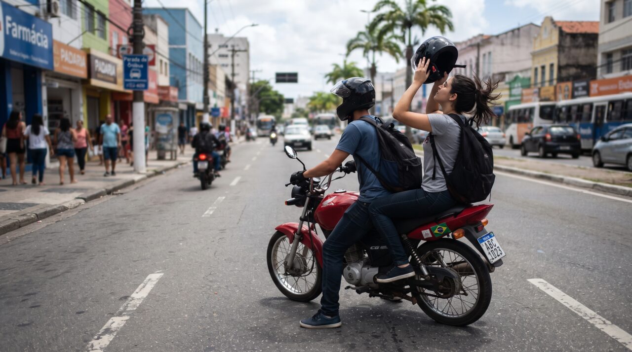 Garupa de moto por aplicativo tira o capacete um quarteirão antes do destino para ajeitar o cabelo, viatura flagra a cena e o piloto recebe multa altíssima