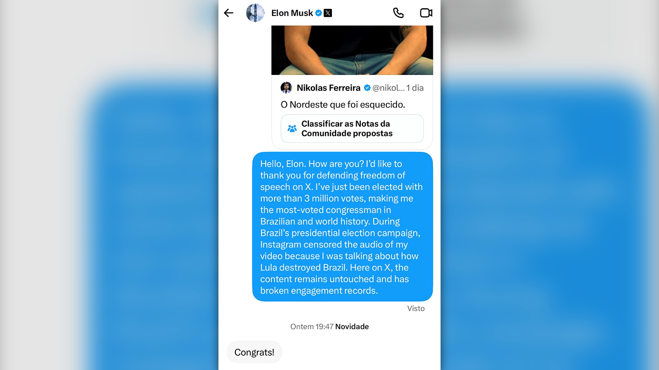 Nikolas compartilha ‘parabéns’ de Musk por vídeo sobre Nordeste